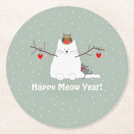 Porta-copo De Papel Redondo "Feliz Ano de Meow!" Snowcat