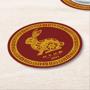 Porta-copo De Papel Redondo Feliz Ano Novo Chinês 2023 Rabbit Vermelho Dourado