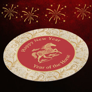 Porta-copo De Papel Redondo Feliz Ano Novo Chinês do Cavalo Elegante Dourado V