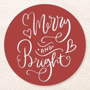 Porta-copo De Papel Redondo Feliz e Bright Script Calliografia Vermelho Natal