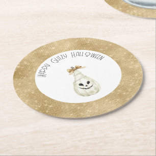 Porta-copo De Papel Redondo Feliz Glitzy Halloween Dourado Creme Abóbora Rosto