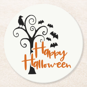 Porta-copo De Papel Redondo Feliz Halloween Black Orange Tree Crow