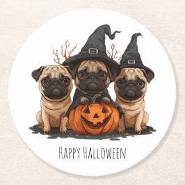 Porta-copo De Papel Redondo Feliz Halloween Pugs Jack O Lanternas