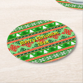 Porta-copo De Papel Redondo Feliz Natal 20XX Adicionar Texto Ano Knit de Natal