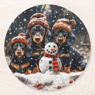 Porta-copo De Papel Redondo Feliz Natal Dachshund Dogs Snowman