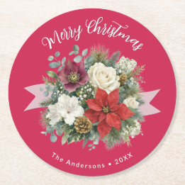 Porta-copo De Papel Redondo Feliz Natal Floral Vermelha Poinsettia