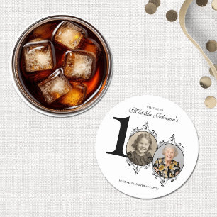 Porta-copo De Papel Redondo Festa de aniversário 100ª Foto Elegante Branco Pre