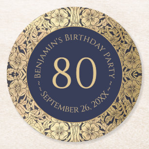 Porta-copo De Papel Redondo Festa de Aniversário de 80 Anos Vintage Flores Azu
