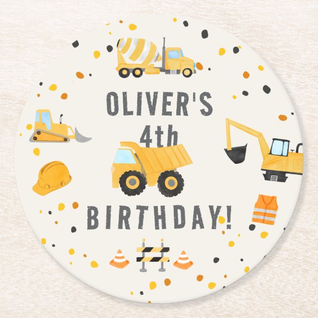 Porta-copo De Papel Redondo Festa de aniversário de Caminhões de Construção (Frente)