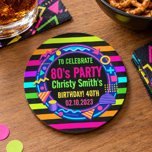 Porta-copo De Papel Redondo Festa de Aniversário Personalizada com Neon Retro 