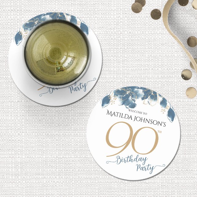 Porta-copo De Papel Redondo Festa de aniversário Personalizada Floral Dourada  (Blue Gold Floral Custom 90th Birthday Party Round Paper Coaster)