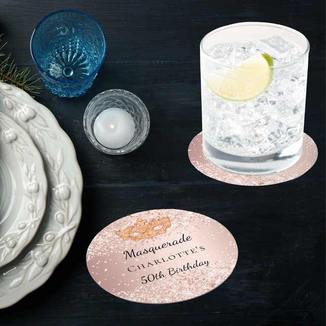 Porta-copo De Papel Redondo festa de aniversário rosa de máscara dourada (Criador carregado)