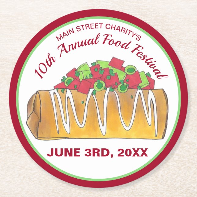 Porta-copo De Papel Redondo Festa de Comida de ex-texto mexicano Chimichanga (Frente)