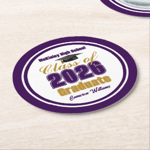 Porta-copo De Papel Redondo Festa de Graduação da Turma de 2026 Purple Gold