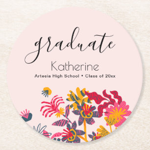 Porta-copo De Papel Redondo Festa de Graduação de Flores Silvestres Rosa Boho 