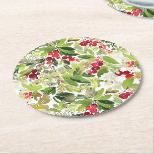 Porta-copo De Papel Redondo Festivo Holly Berry e Evergreen Watercolor
