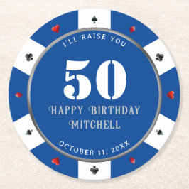 Porta-copo De Papel Redondo Ficha de Poker Aniversário de 50 anos Azul