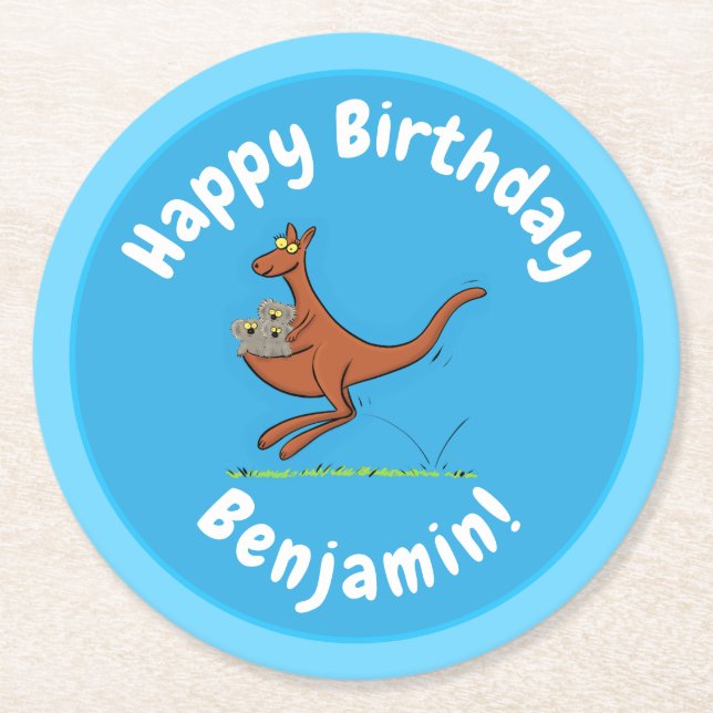 Porta-copo De Papel Redondo Figura de desenho animado de canguru e koalas (Frente)