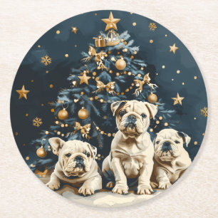 Porta-copo De Papel Redondo Filhotes de Bulldogue Inglês no Natal