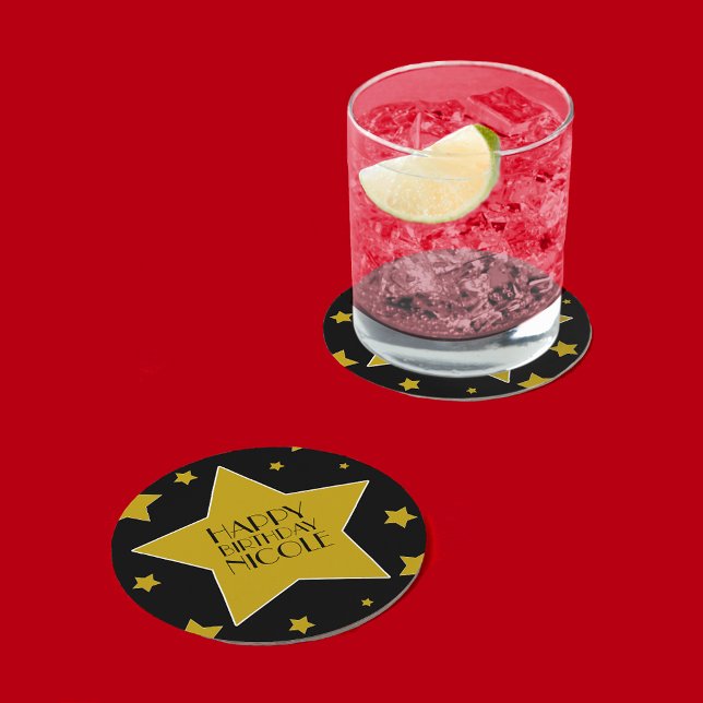 Porta-copo De Papel Redondo Filme Star Aniversário - Estrelas Pretas E Dourada (Criador carregado)