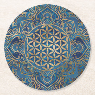 Porta-copo De Papel Redondo Flor da vida em Lotus - mármore azul e Dourado