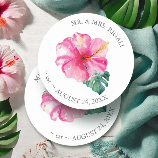 Porta-copo De Papel Redondo Flor de Hibiscus de Casamento Tropical (Wedding coasters for favors watercolor pink hibiscus flowers art Victoria Grigaliunas DoTellABelle)