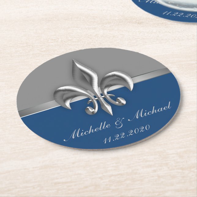 Porta-copo De Papel Redondo Flor de lis de prata azul (Angulado)