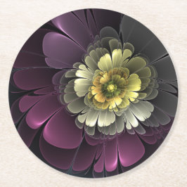 Porta-copo De Papel Redondo Flor Fractal Abstrata Moderna Purpur Khaki Cinza