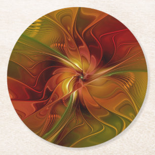 Porta-copo De Papel Redondo Flor verde-laranja-abstrato Vermelho Castanho-Cast