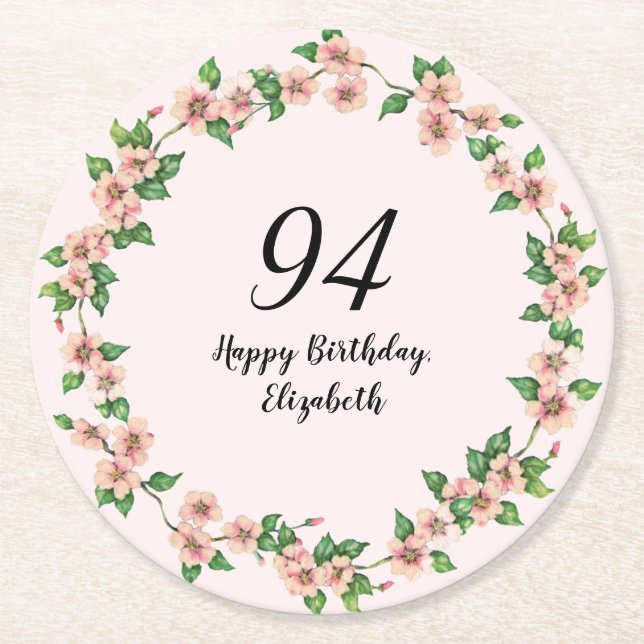 Porta-copo De Papel Redondo Floral 94th Birthday Pretty Blush Pink (Frente)