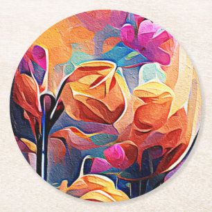 Porta-copo De Papel Redondo Floral Abstrato Art Laranja Vermelho Azul Flores