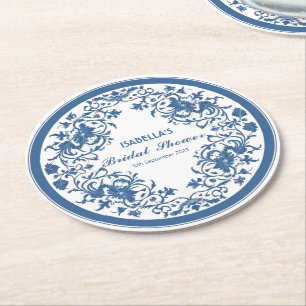 Porta-copo De Papel Redondo Floral Chinoiserie Victoriana Azul Elegante