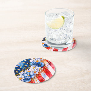 Porta-copo De Papel Redondo Floral Glitter Bandeira Americana Patriótica