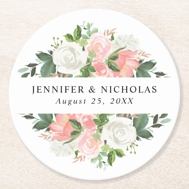 Porta-copo De Papel Redondo Floral Primavera Blush | Casamento Personalizado (Frente)