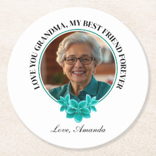 Porta-copo De Papel Redondo Floral Teal Frame Grandboy para a Vovó Foto