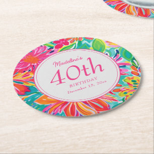Porta-copo De Papel Redondo Flores de Aquarela Laranja Rosa Quente Aniversário