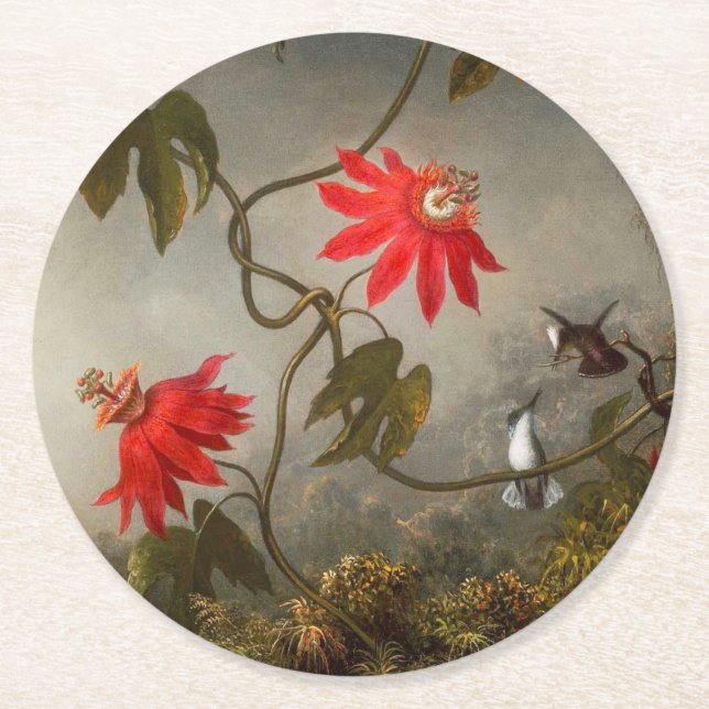 Porta-copo De Papel Redondo Flores de Paixão com Pássaros Hummingbird (Frente)