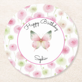 Porta-copo De Papel Redondo Flores de Ranúnculo Rosa Menina Aniversário