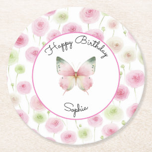 Porta-copo De Papel Redondo Flores de Ranúnculo Rosa Menina Aniversário