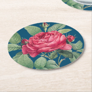 Porta-copo De Papel Redondo Flores de rosa vermelha com Folhas Verdes