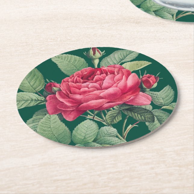 Porta-copo De Papel Redondo Flores de rosa vermelha com Folhas Verdes (Angulado)
