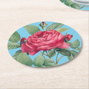 Porta-copo De Papel Redondo Flores de rosa vermelha com Folhas Verdes