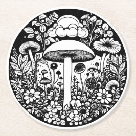 Porta-copo De Papel Redondo Flores e Cogumelos Pretos e Brancos
