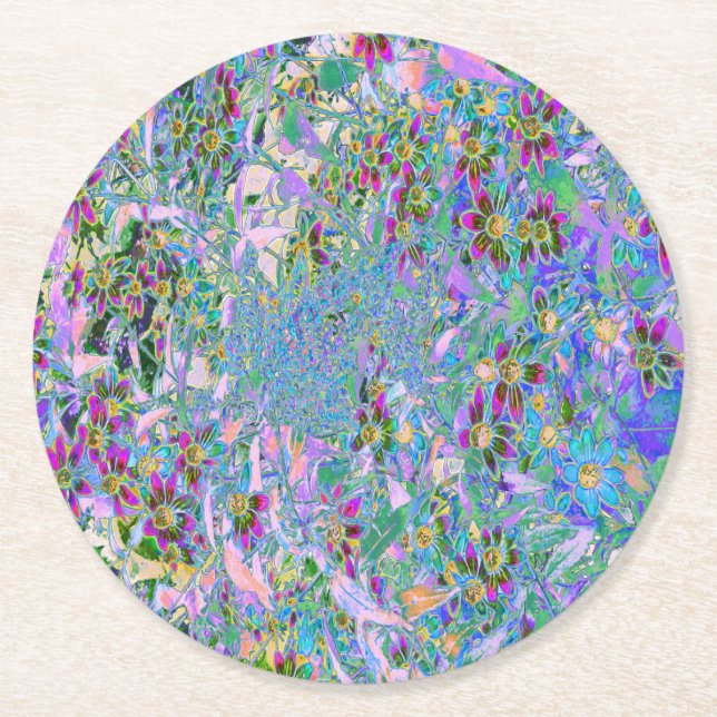 Porta-copo De Papel Redondo Flores Roxas, Verdes e Azuis a Rosa (Frente)