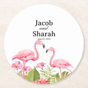 Porta-copo De Papel Redondo Flores Tropicais e Design de Flamingos