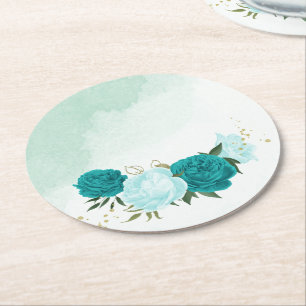 Porta-copo De Papel Redondo flores turquesa folhas verdes casamento