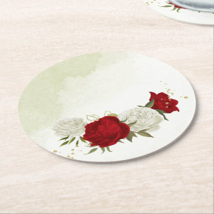 Porta-copo De Papel Redondo flores vermelhas folhas verdes casamento