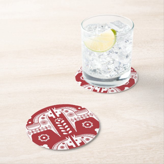 Porta-copo De Papel Redondo Floresta Nórdica Escandinava de Reindedo Vermelho  (Insitu)