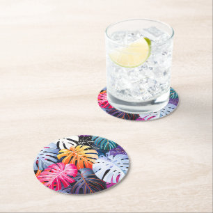 Porta-copo De Papel Redondo Folhas de Monstera Tropical de Verão