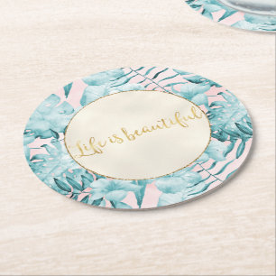 Porta-copo De Papel Redondo Folhas Tropicais Aqua Dourado